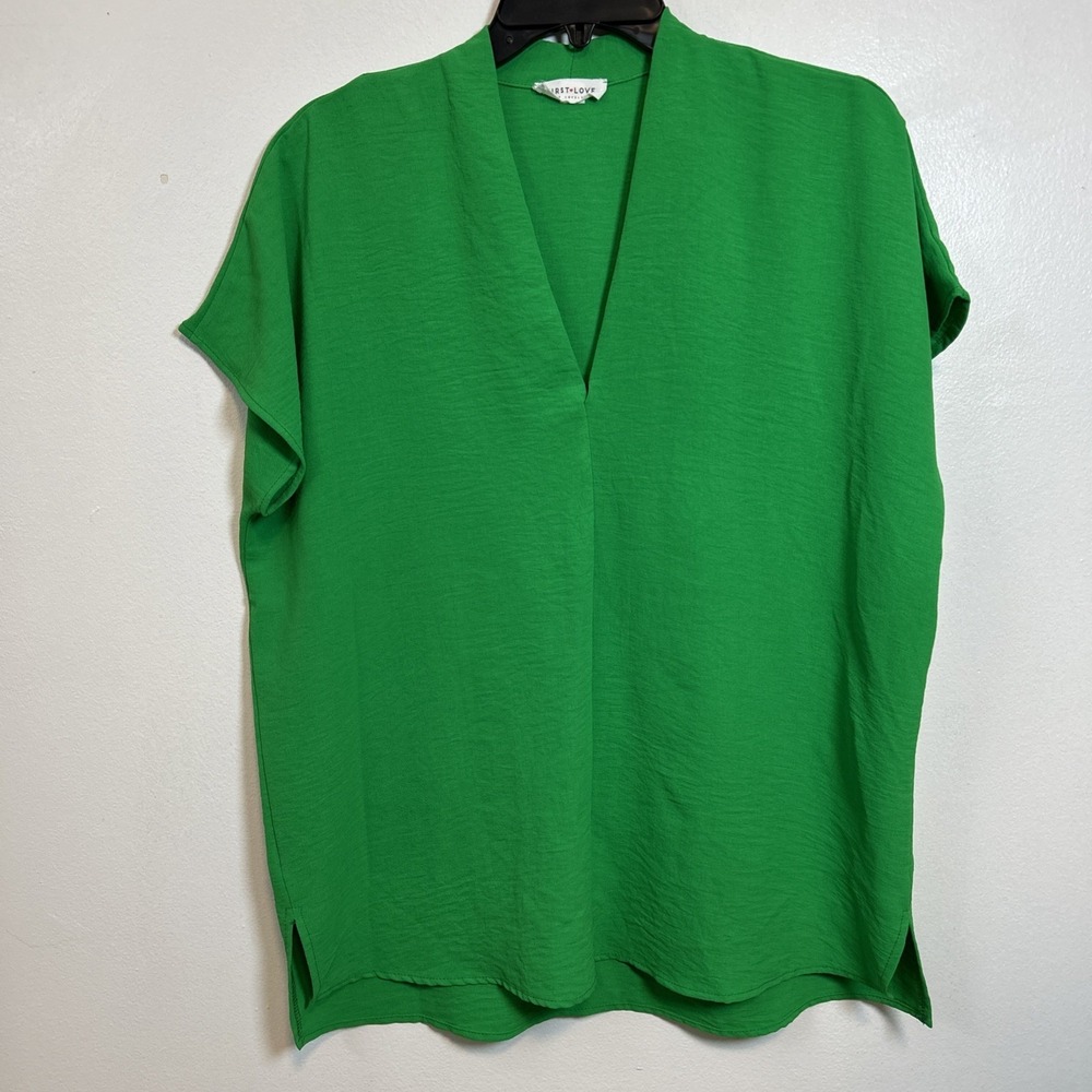 FIRST LOVE By LOVELYN Women M Green‎ Gauze Blouse Top V Neck Cap Sleeve 6336